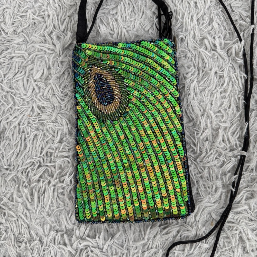 Bamboo Trading Company Peacock Sequin Club Bag Crossbody Phone Wristlet Fairy